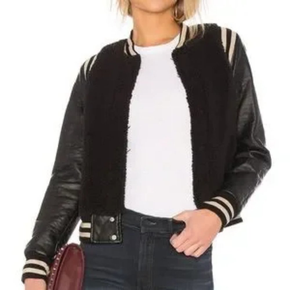 Womens Mother The Snap Letterman Black Mix Media Sherpa Faux Leather Jacket M *
